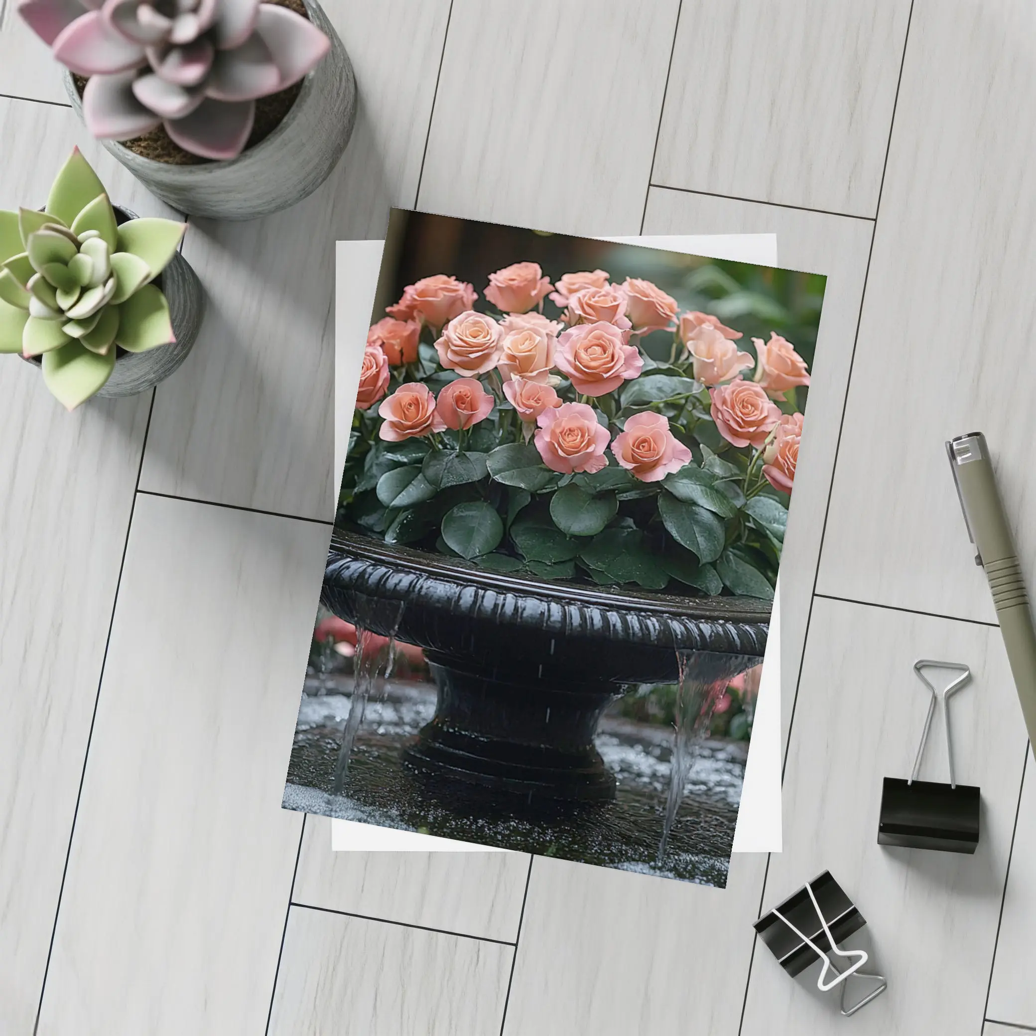 Peach Roses Garden Fountain Floral Arrangement – Postcards