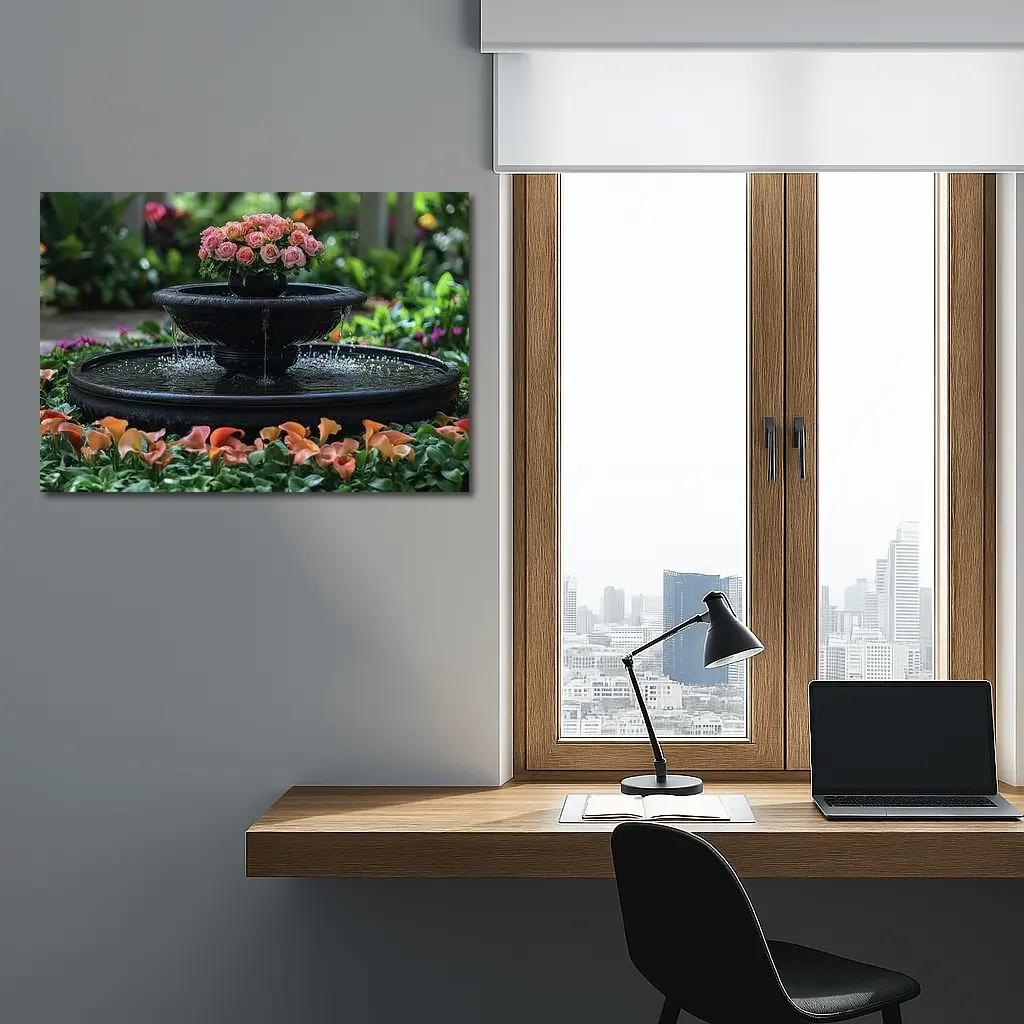 Black Garden Fountain Pink Roses Flowers – Wall Art