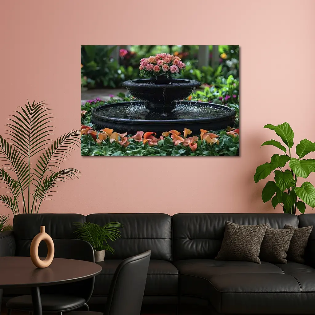 Black Garden Fountain Pink Roses Flowers – Wall Art