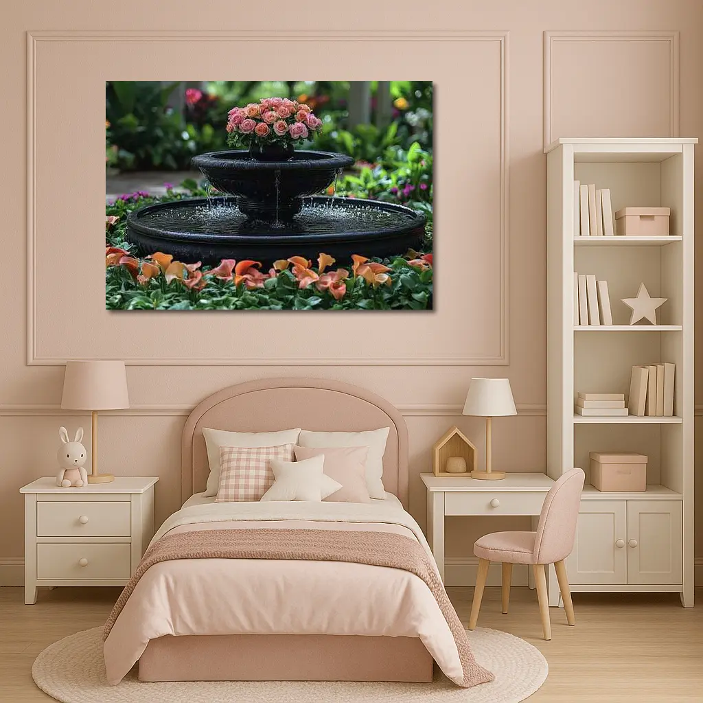 Black Garden Fountain Pink Roses Flowers – Wall Art