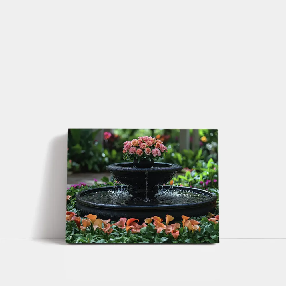 Black Garden Fountain Pink Roses Flowers – Wall Art
