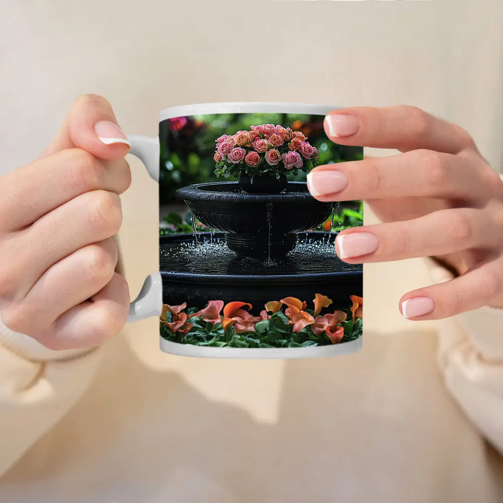 Black Garden Fountain Pink Roses Flowers – Mugs