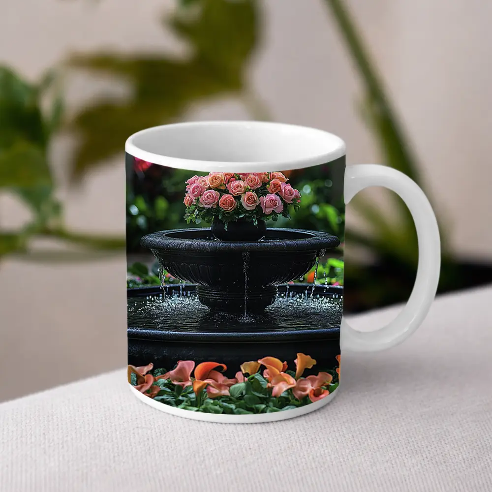 Black Garden Fountain Pink Roses Flowers – Mugs