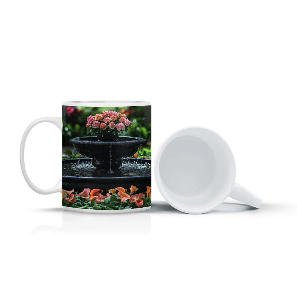 Black Garden Fountain Pink Roses Flowers – Mugs