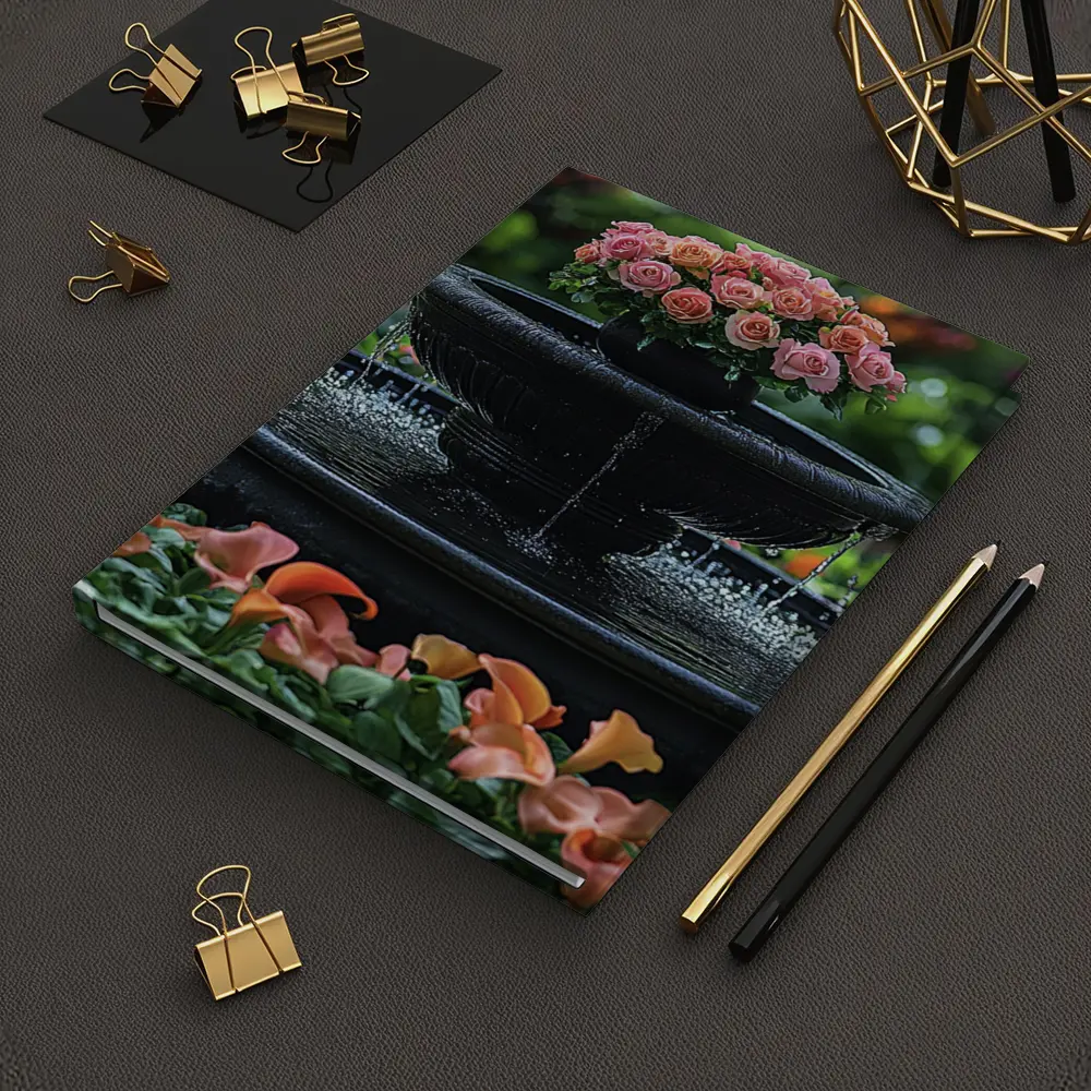 Black Garden Fountain Pink Roses Flowers – Notebooks