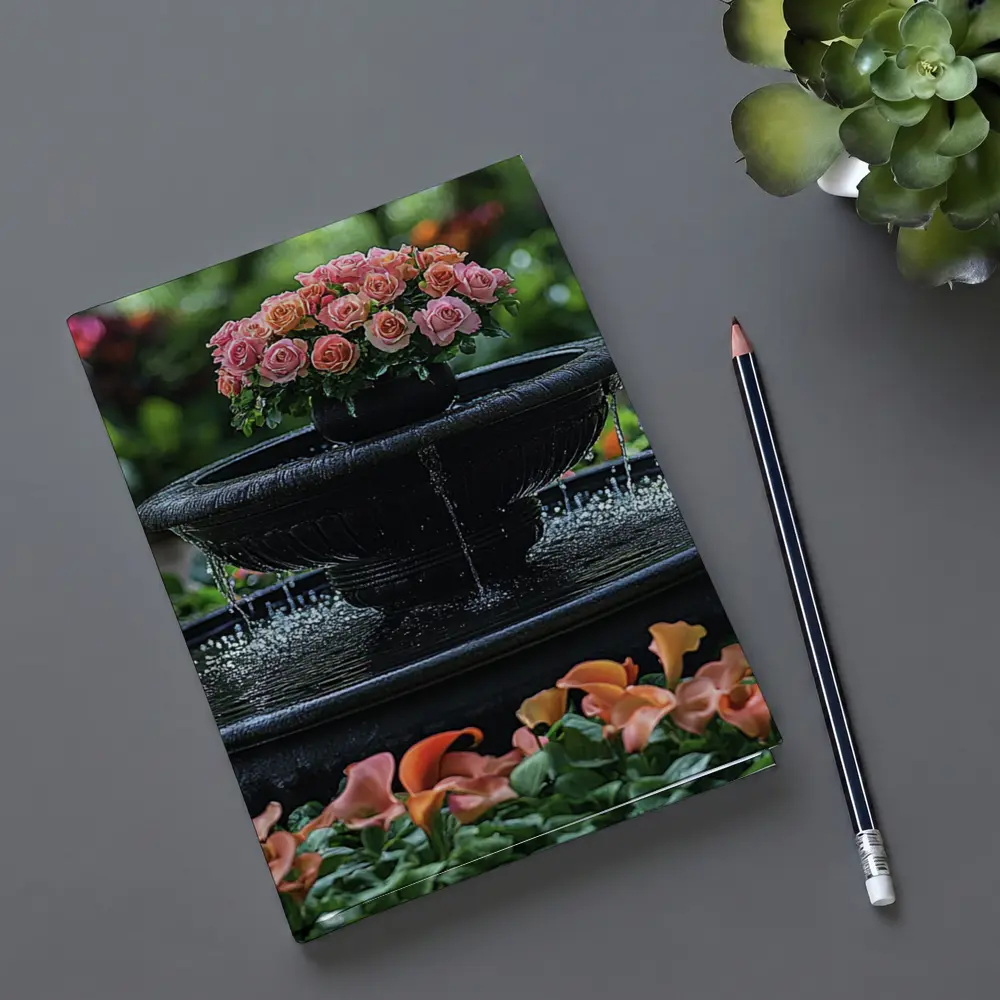 Black Garden Fountain Pink Roses Flowers – Notebooks