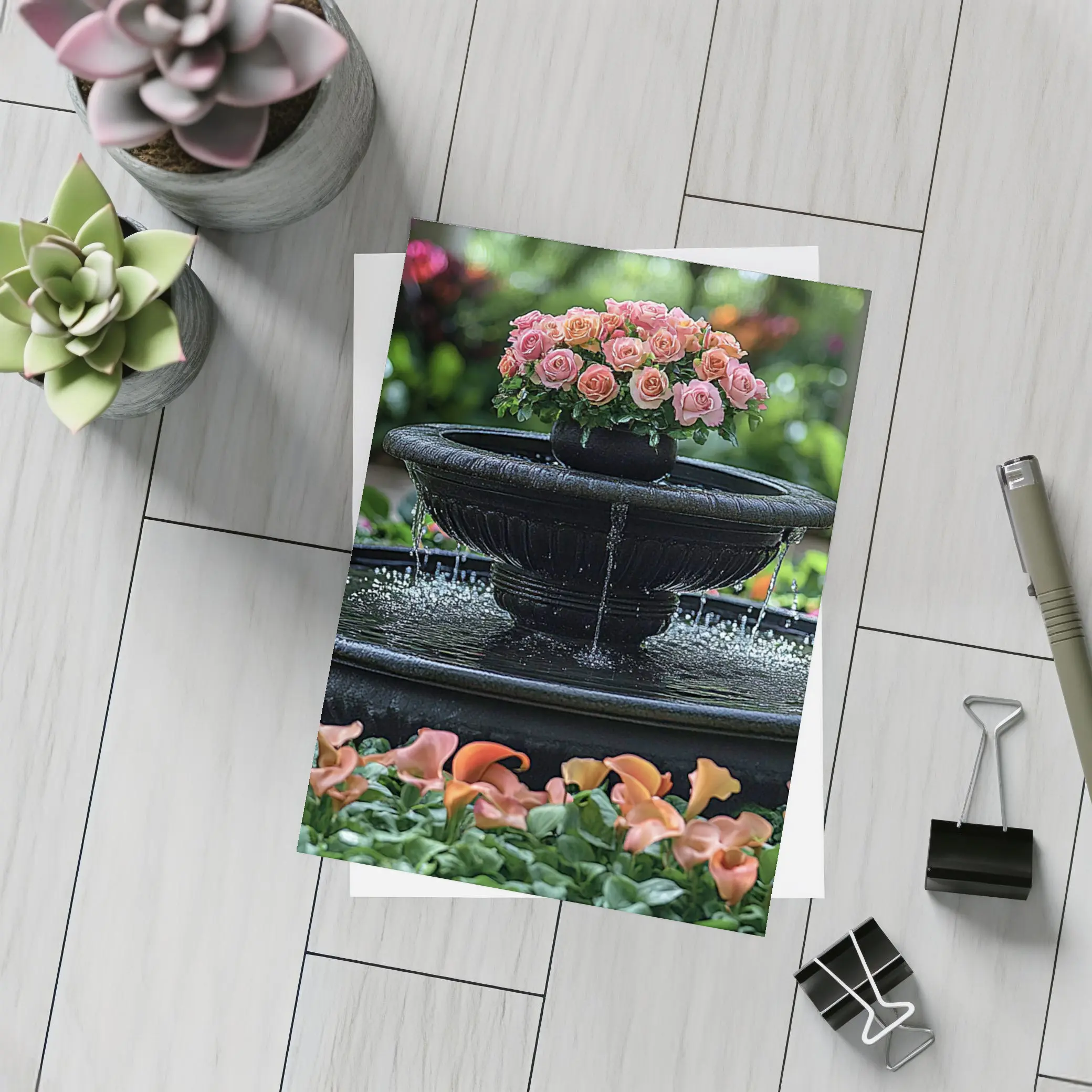 Black Garden Fountain Pink Roses Flowers – Postcards