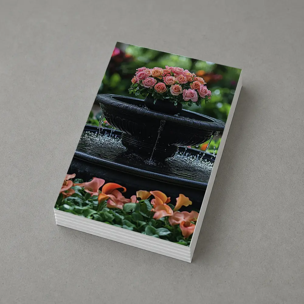 Black Garden Fountain Pink Roses Flowers – Postcards