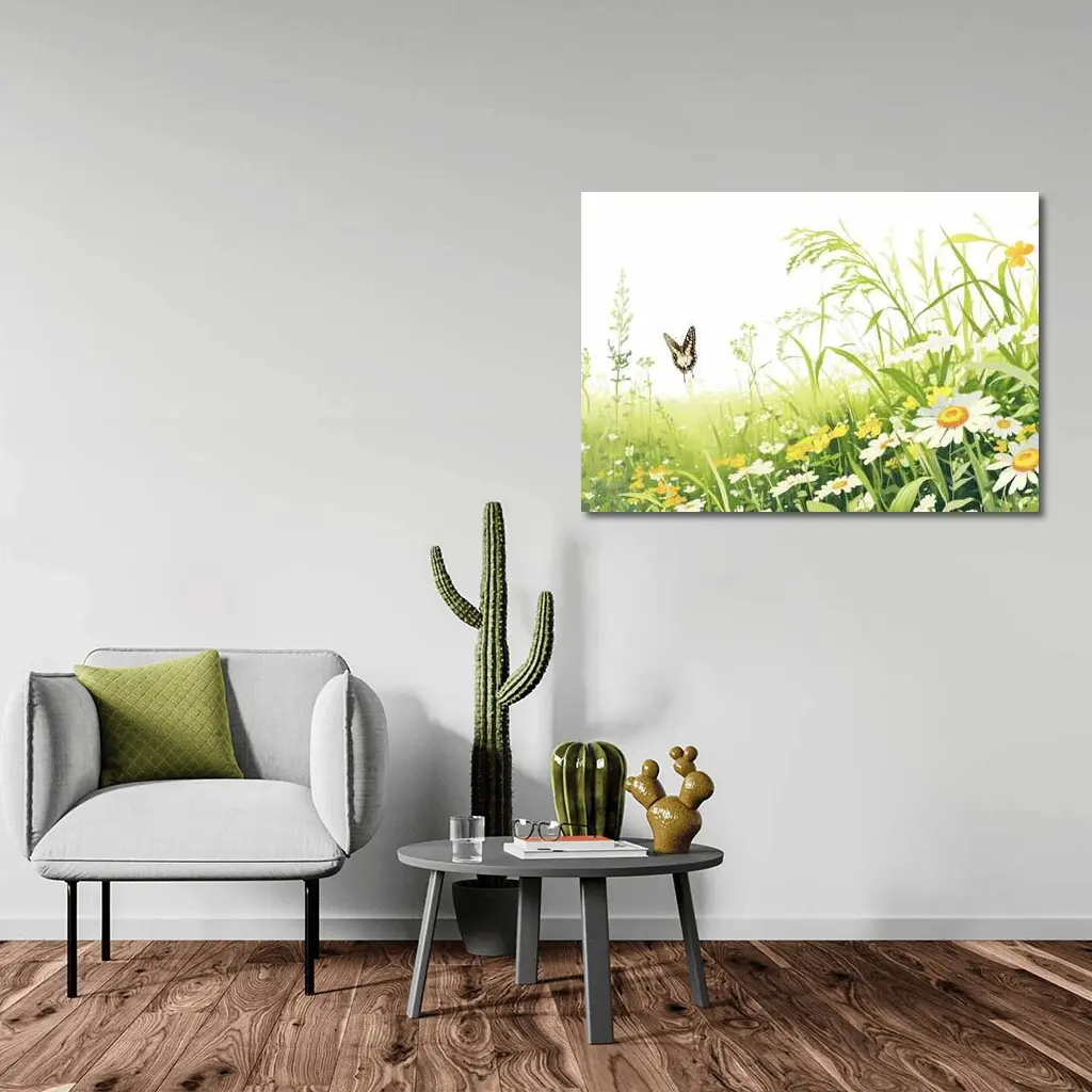 Butterfly Flying Over Daisy Wildflower Meadow – Wall Art