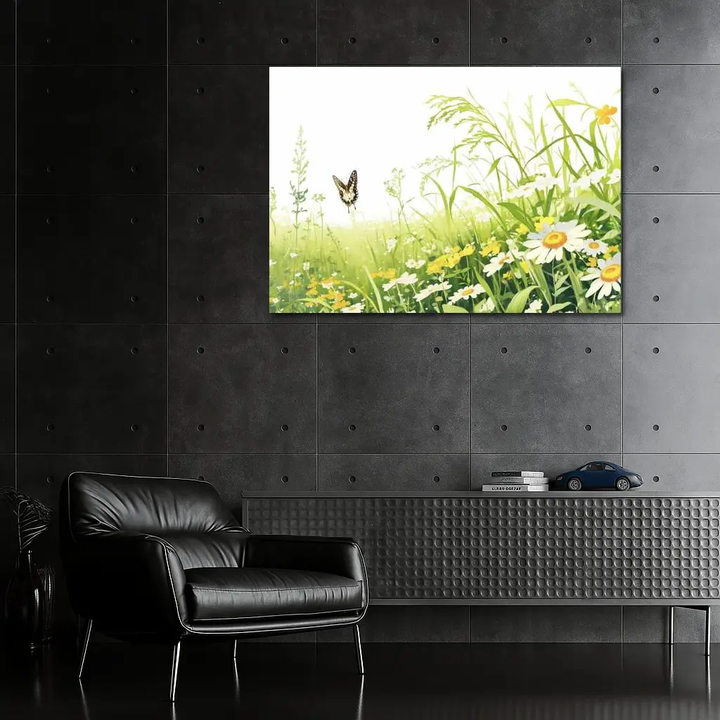 Butterfly Flying Over Daisy Wildflower Meadow – Wall Art
