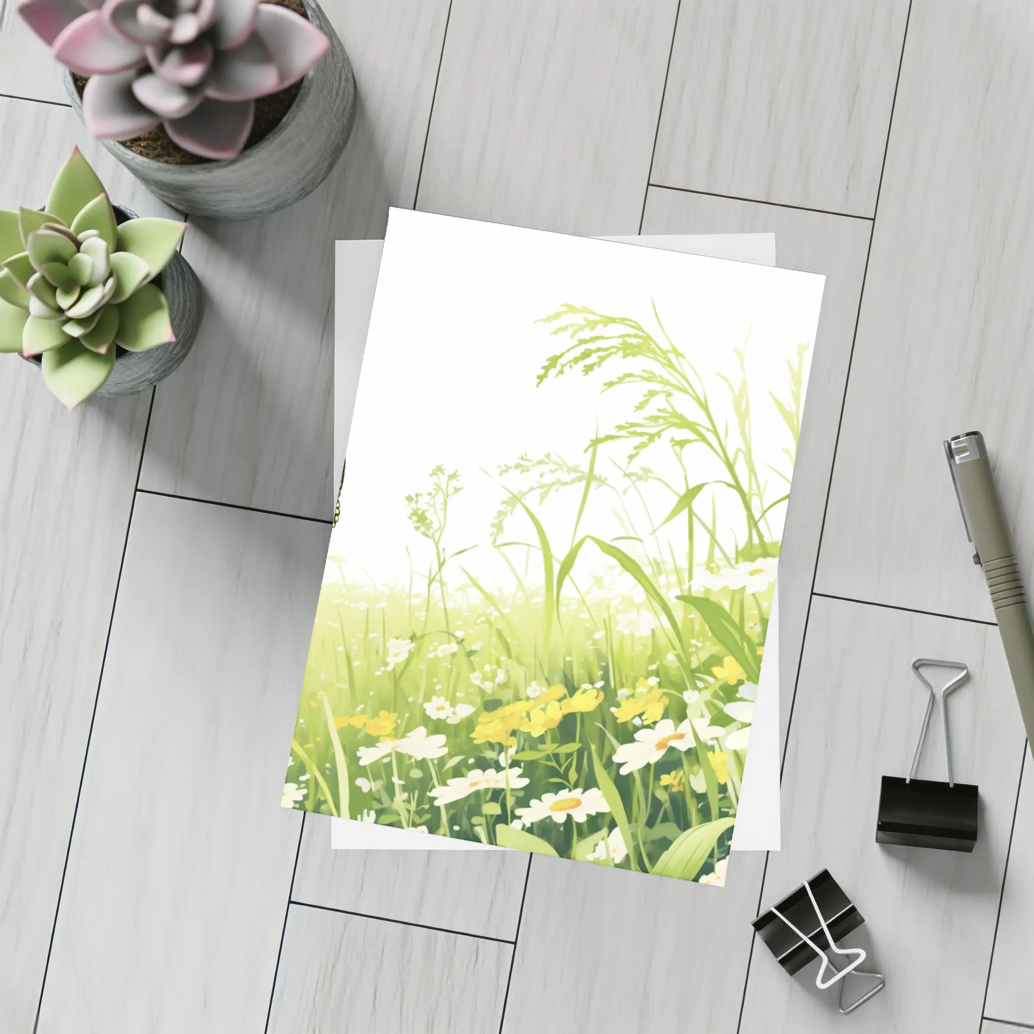Butterfly Flying Over Daisy Wildflower Meadow – Postcards