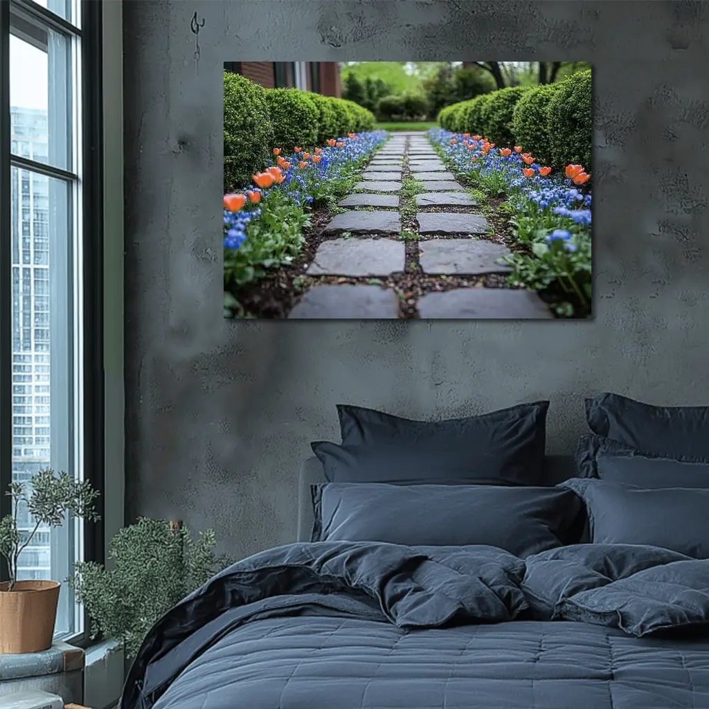 Tulips And Muscari Along Garden Stone Path – Wall Art