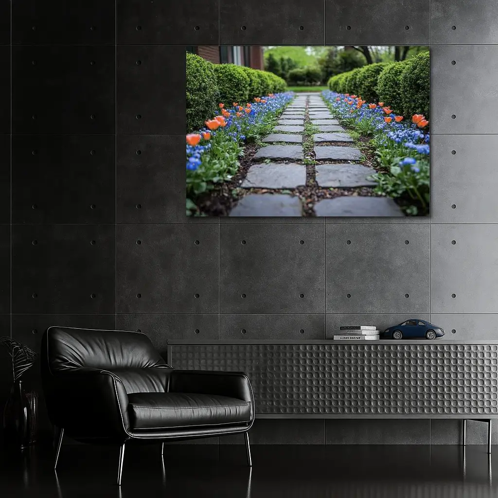 Tulips And Muscari Along Garden Stone Path – Wall Art