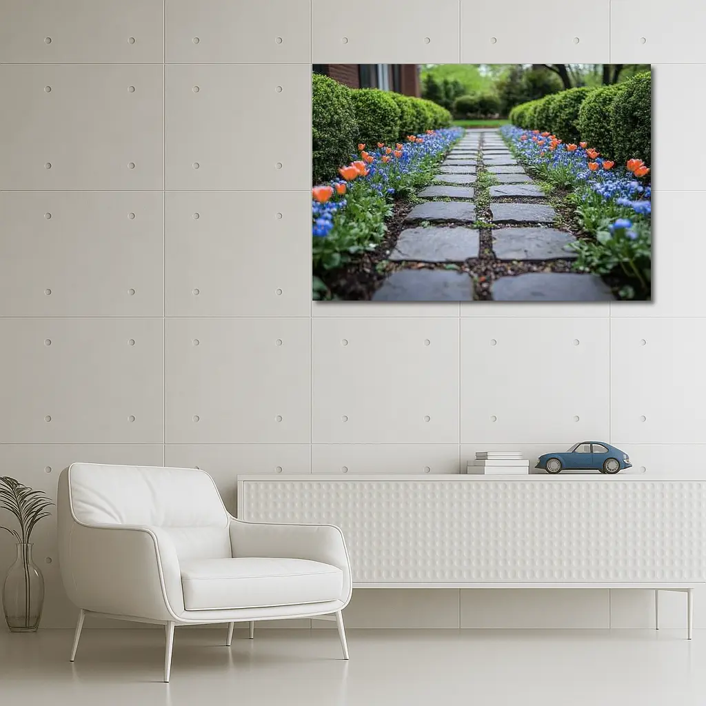 Tulips And Muscari Along Garden Stone Path – Wall Art
