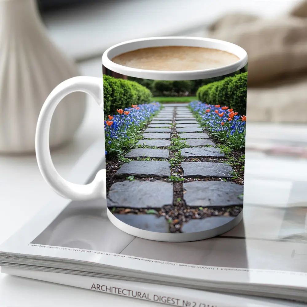 Tulips And Muscari Along Garden Stone Path – Mugs