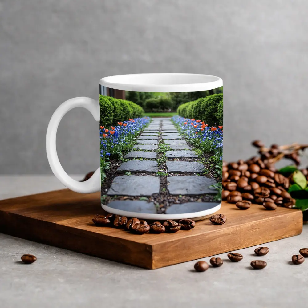 Tulips And Muscari Along Garden Stone Path – Mugs