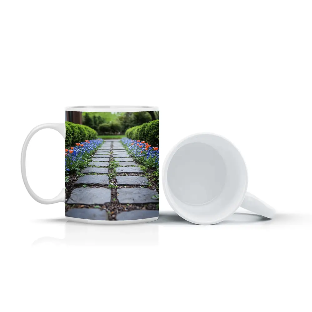 Tulips And Muscari Along Garden Stone Path – Mugs