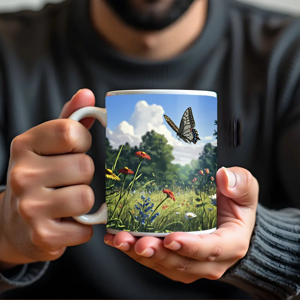 Swallowtail Butterfly Over Wildflower Meadow – Mugs