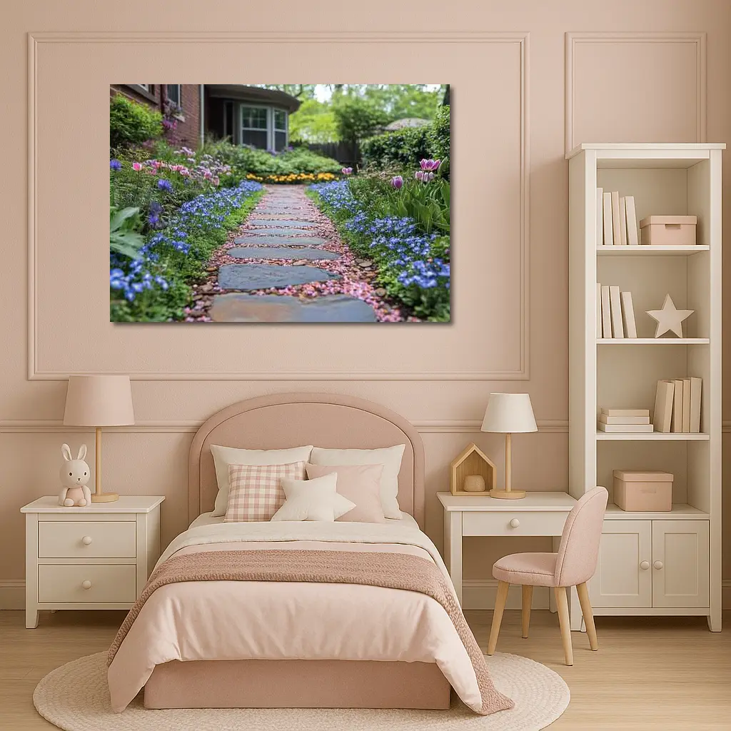 Stone Garden Path Tulips Blue Flowers Spring – Wall Art