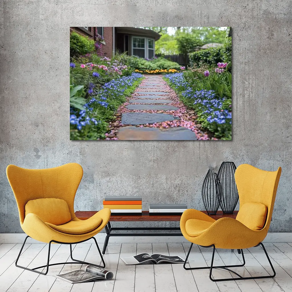 Stone Garden Path Tulips Blue Flowers Spring – Wall Art