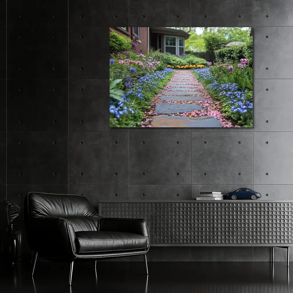 Stone Garden Path Tulips Blue Flowers Spring – Wall Art
