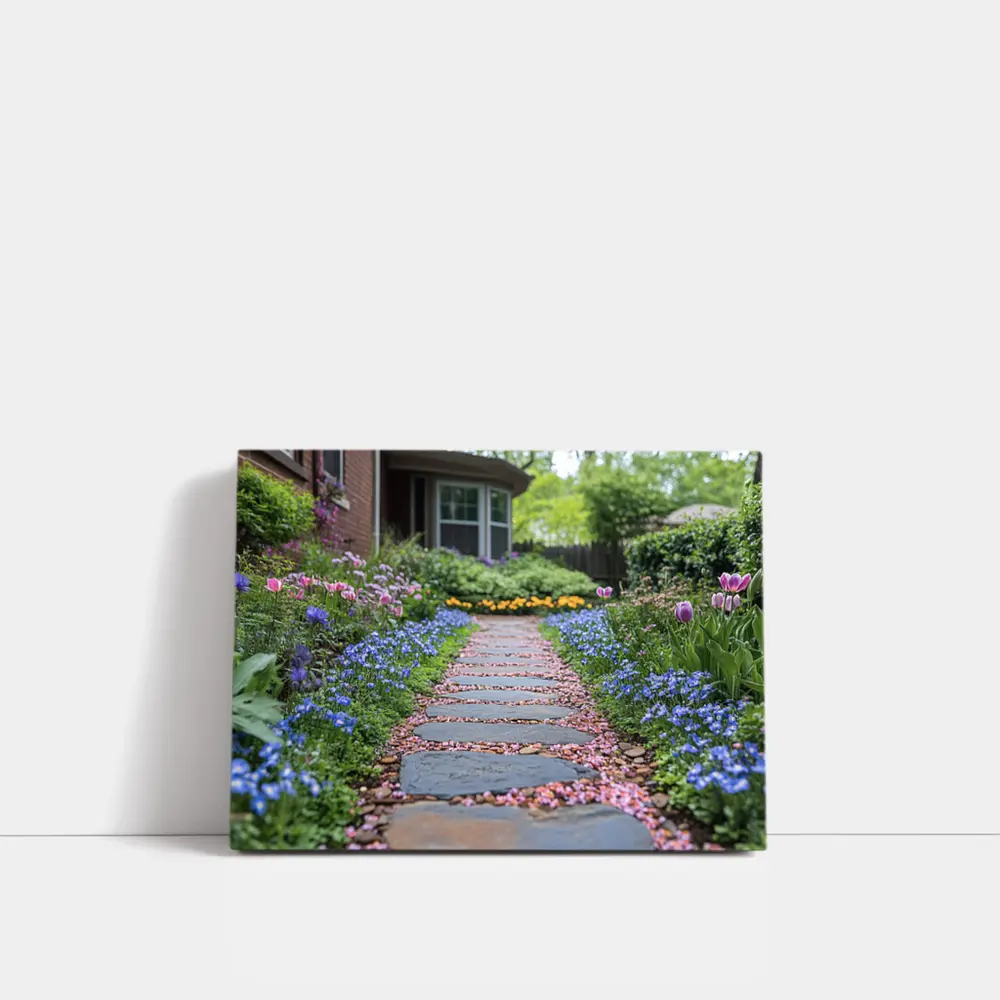 Stone Garden Path Tulips Blue Flowers Spring – Wall Art