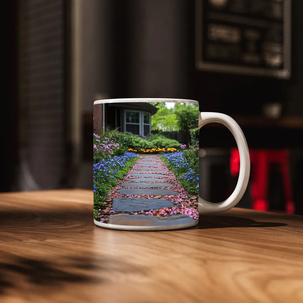 Stone Garden Path Tulips Blue Flowers Spring – Mugs
