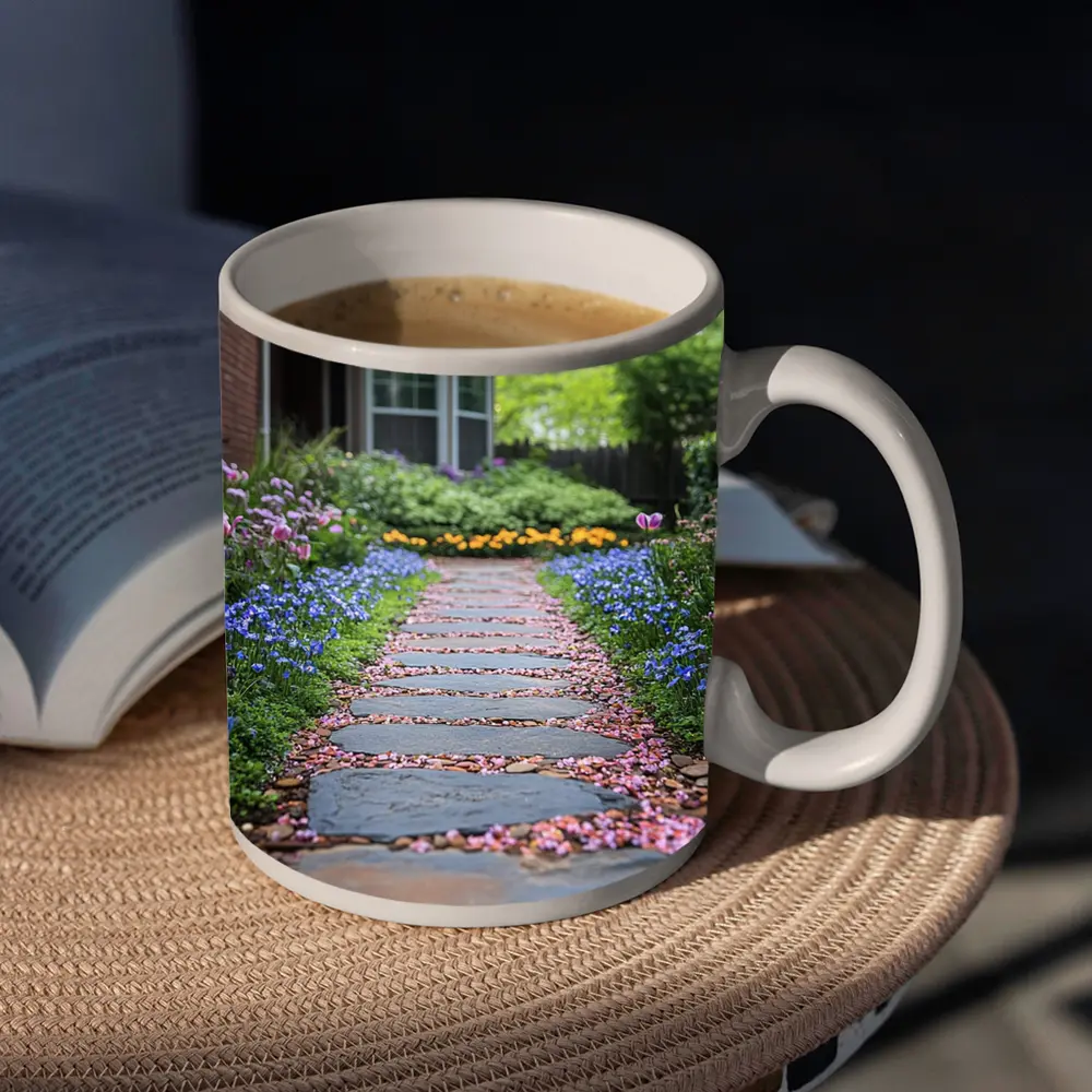 Stone Garden Path Tulips Blue Flowers Spring – Mugs