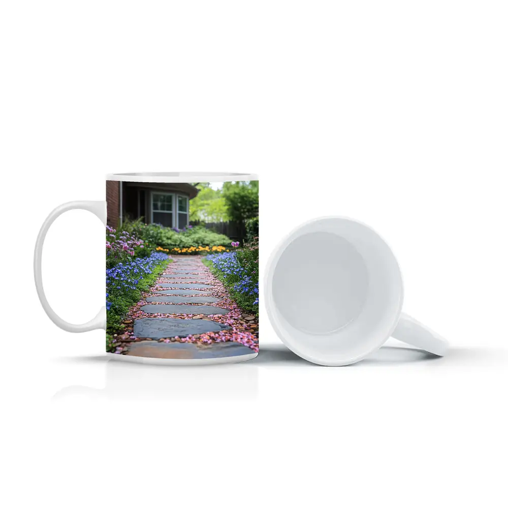 Stone Garden Path Tulips Blue Flowers Spring – Mugs
