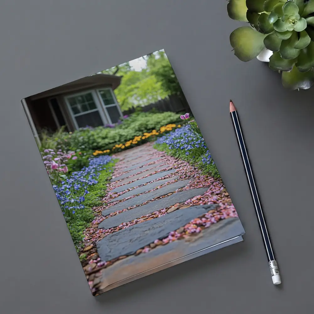Stone Garden Path Tulips Blue Flowers Spring – Notebooks
