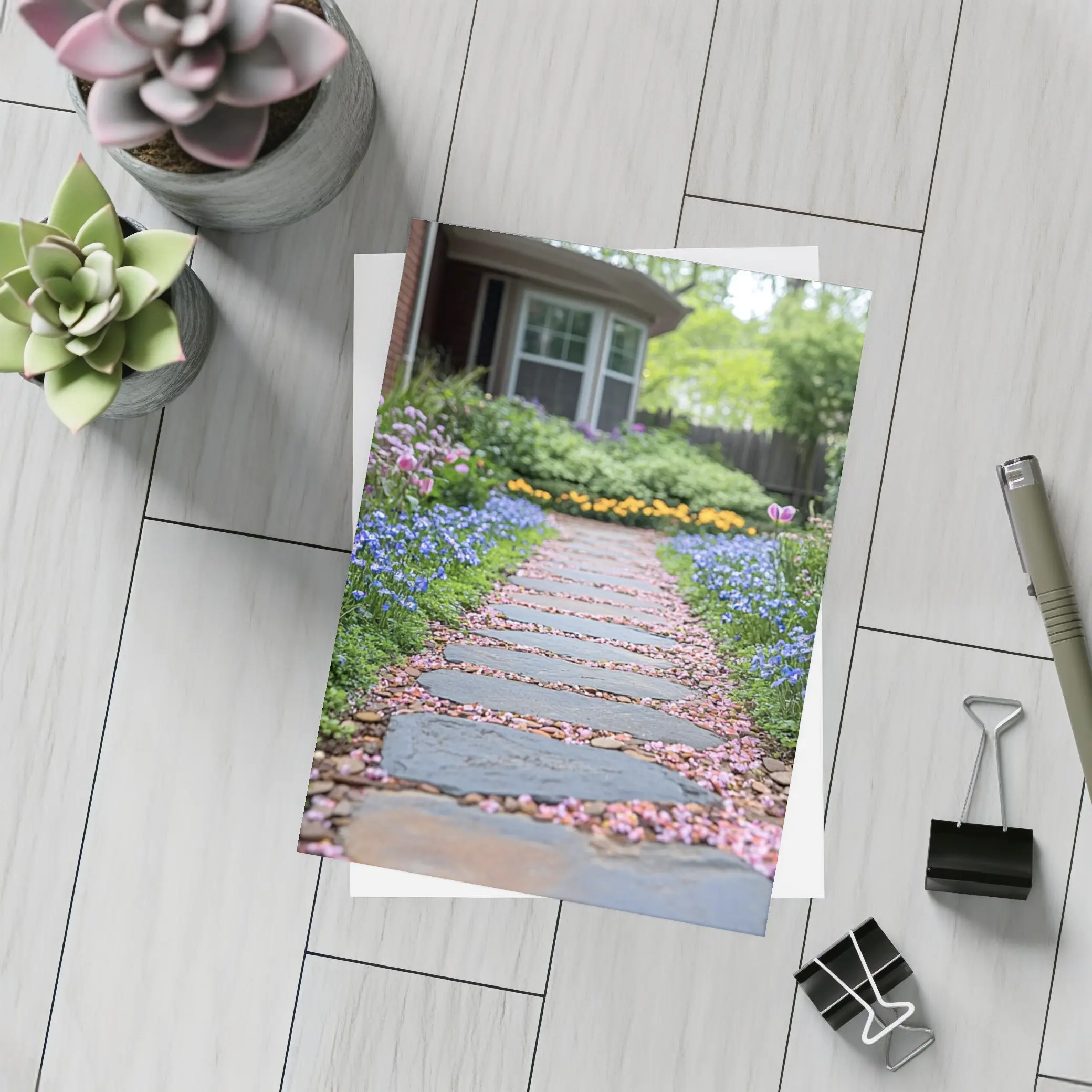 Stone Garden Path Tulips Blue Flowers Spring – Postcards