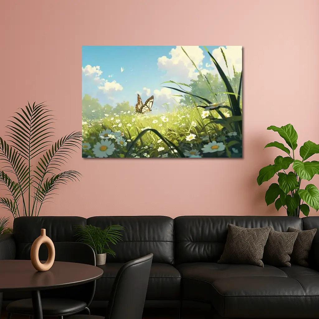 Butterfly Over Daisy Field Anime Style – Wall Art