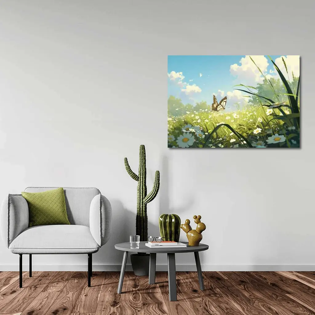 Butterfly Over Daisy Field Anime Style – Wall Art