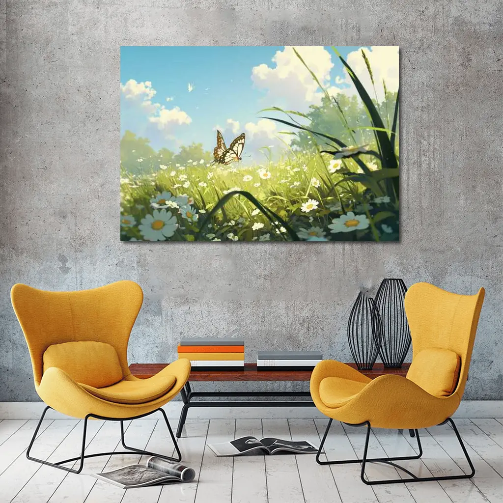 Butterfly Over Daisy Field Anime Style – Wall Art