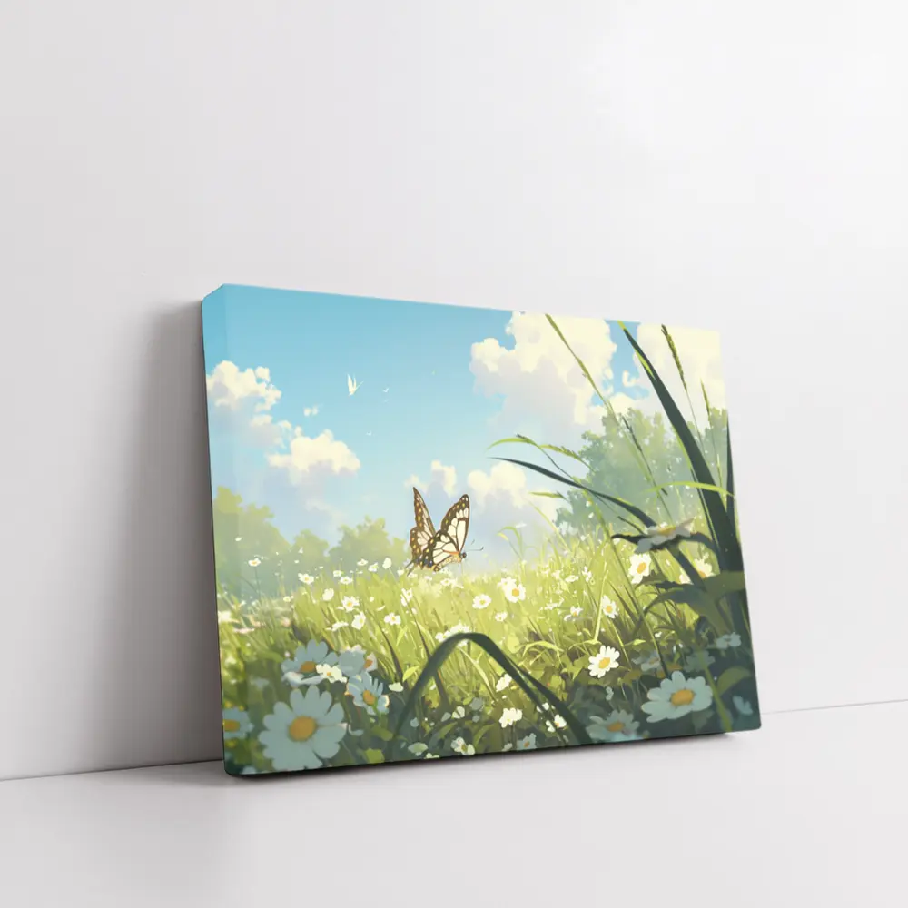 Butterfly Over Daisy Field Anime Style – Wall Art