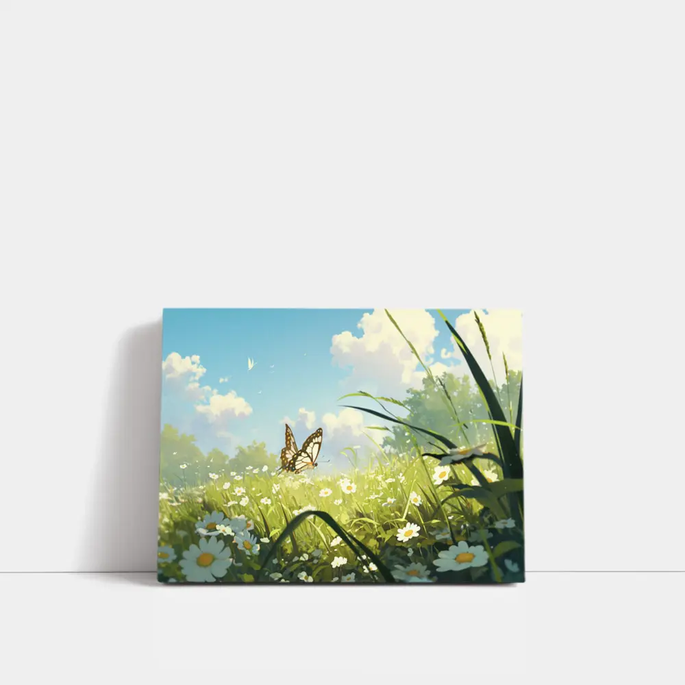 Butterfly Over Daisy Field Anime Style – Wall Art