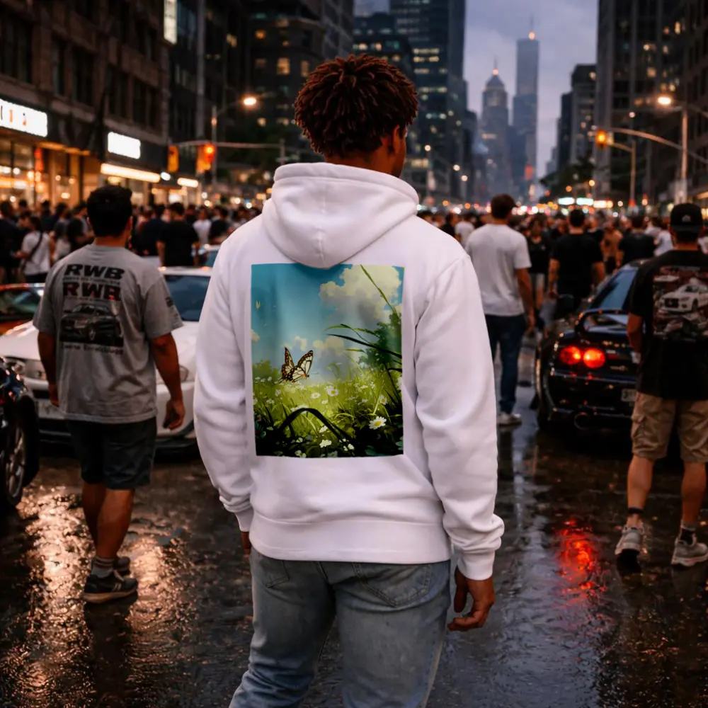 Butterfly Over Daisy Field Anime Style – Hoodies
