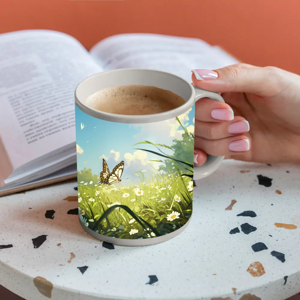 Butterfly Over Daisy Field Anime Style – Mugs