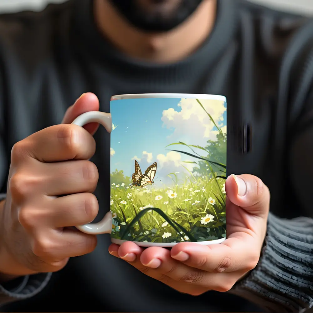 Butterfly Over Daisy Field Anime Style – Mugs