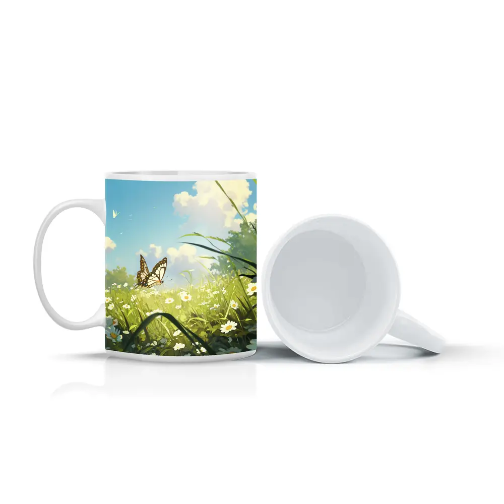 Butterfly Over Daisy Field Anime Style – Mugs