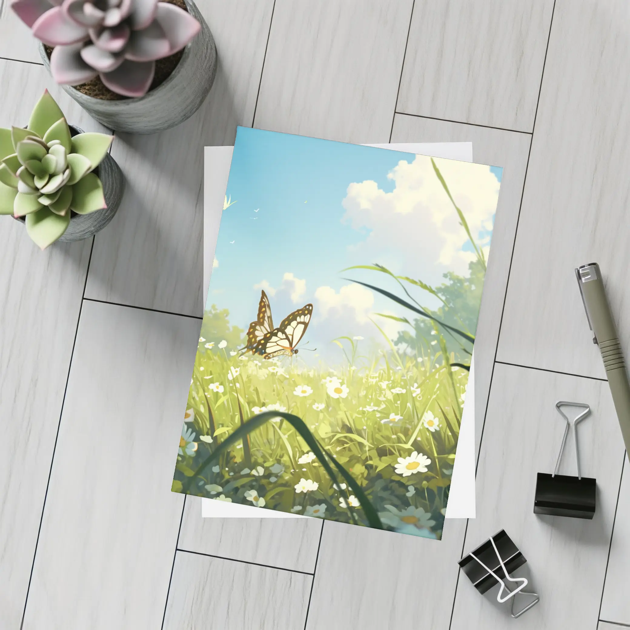 Butterfly Over Daisy Field Anime Style – Postcards