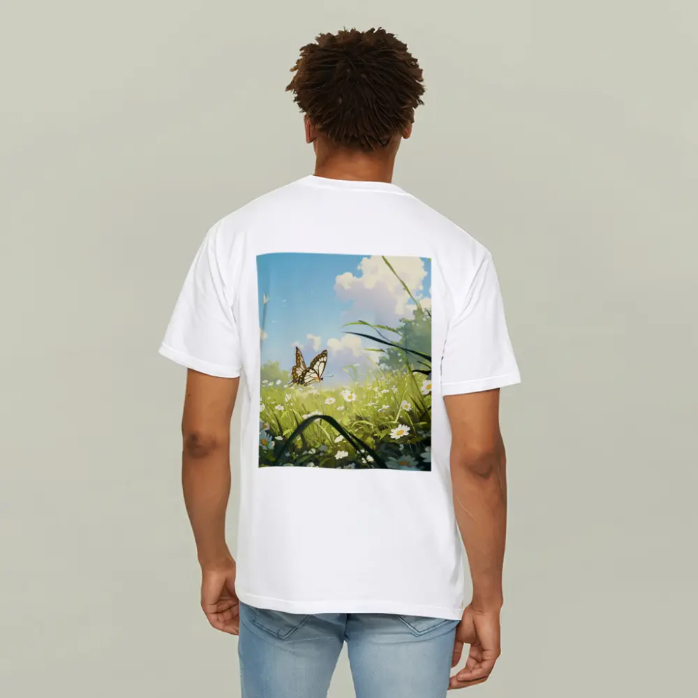 Butterfly Over Daisy Field Anime Style – T-Shirts