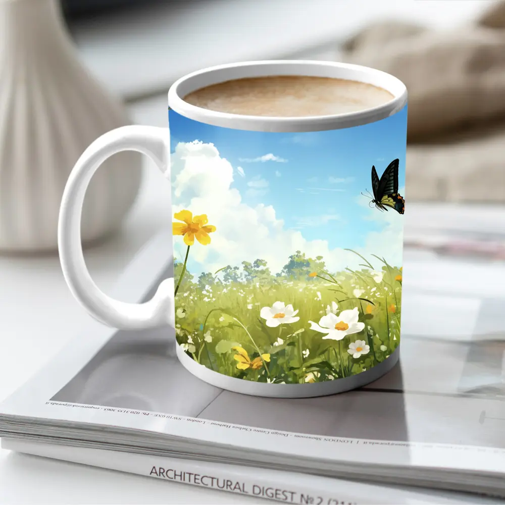 Swallowtail Butterfly Over Sunny Wildflower Meadow – Mugs