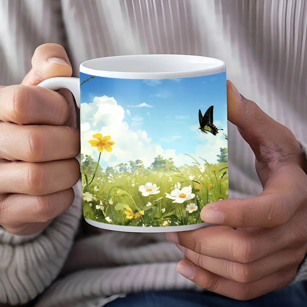 Swallowtail Butterfly Over Sunny Wildflower Meadow – Mugs
