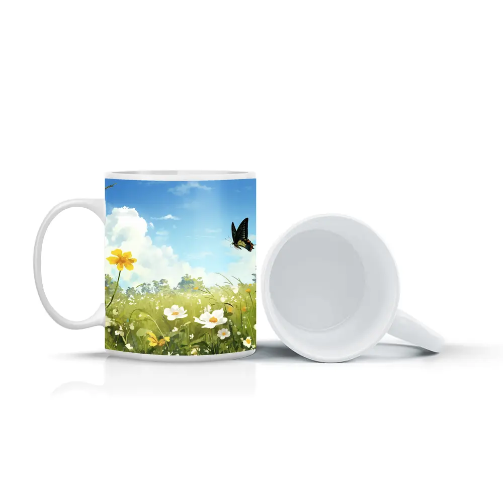Swallowtail Butterfly Over Sunny Wildflower Meadow – Mugs