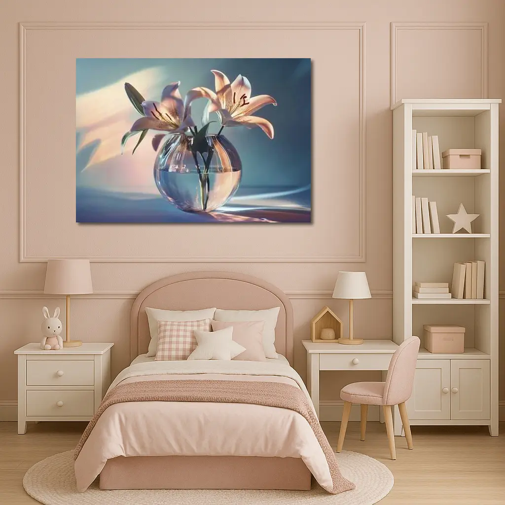 Pink Lilies in Round Glass Vase – Wall Art