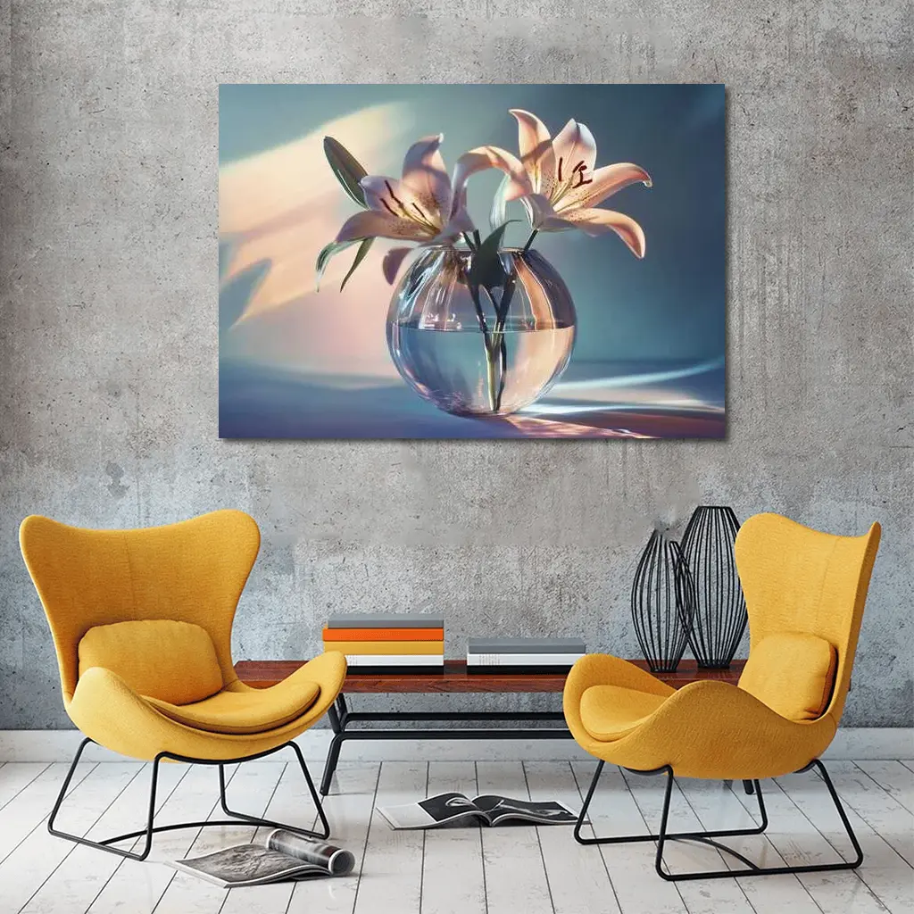 Pink Lilies in Round Glass Vase – Wall Art