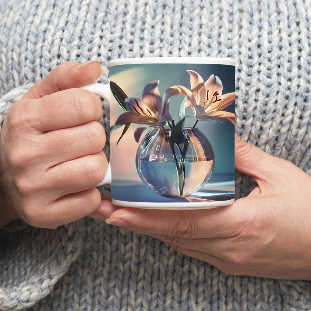 Pink Lilies in Round Glass Vase – Mugs