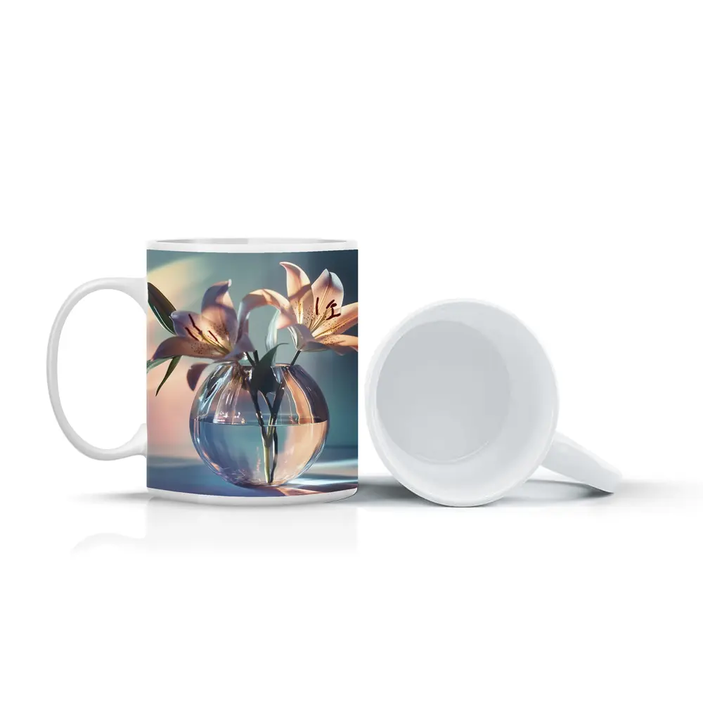 Pink Lilies in Round Glass Vase – Mugs