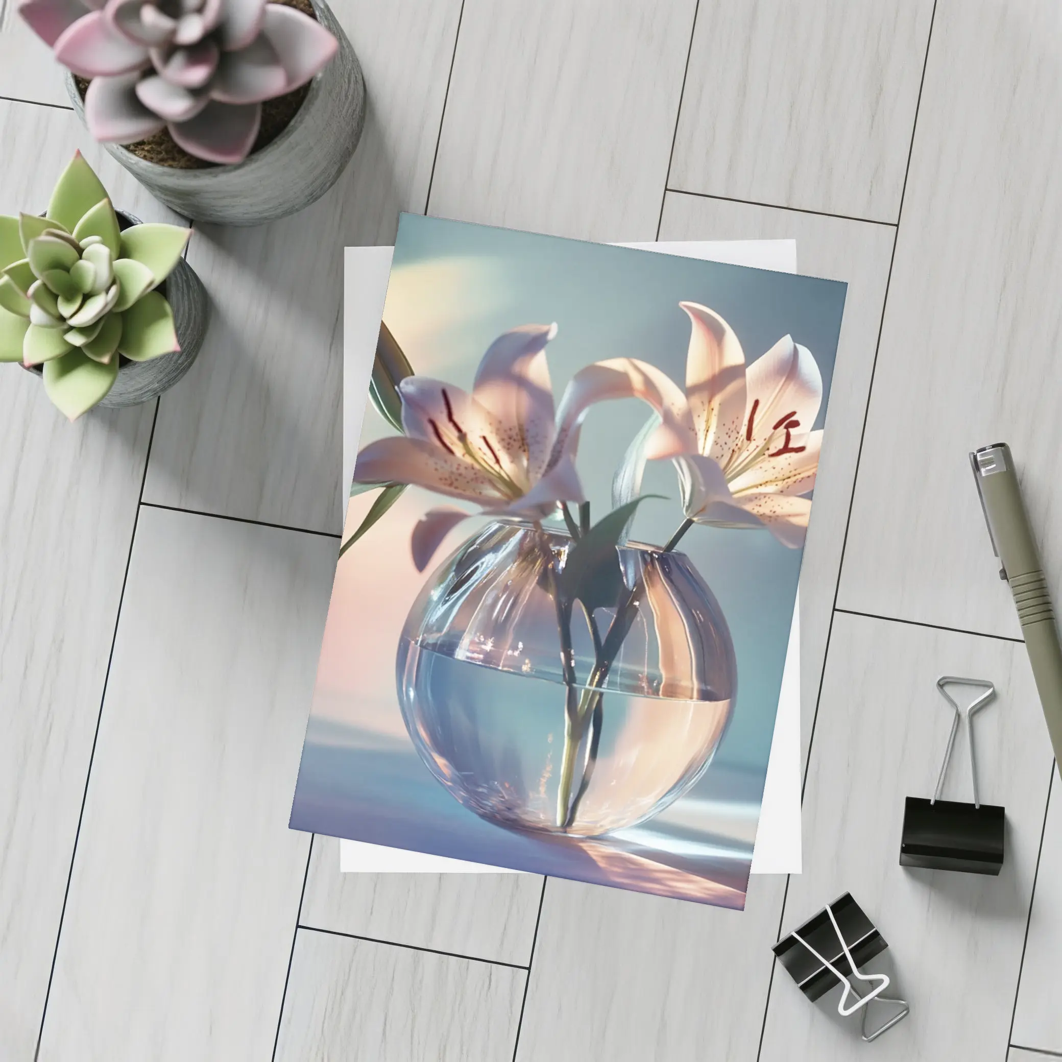 Pink Lilies in Round Glass Vase – Postcards